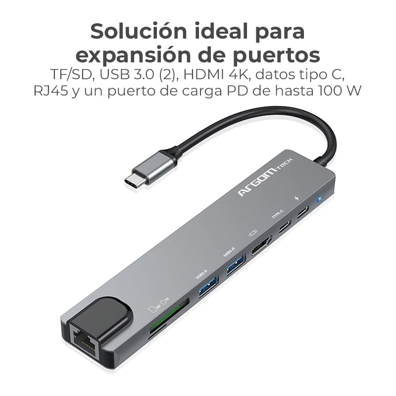 Hub Argom 8-en-1 AXESS USB-C Transferencia de PD 100W Plateado