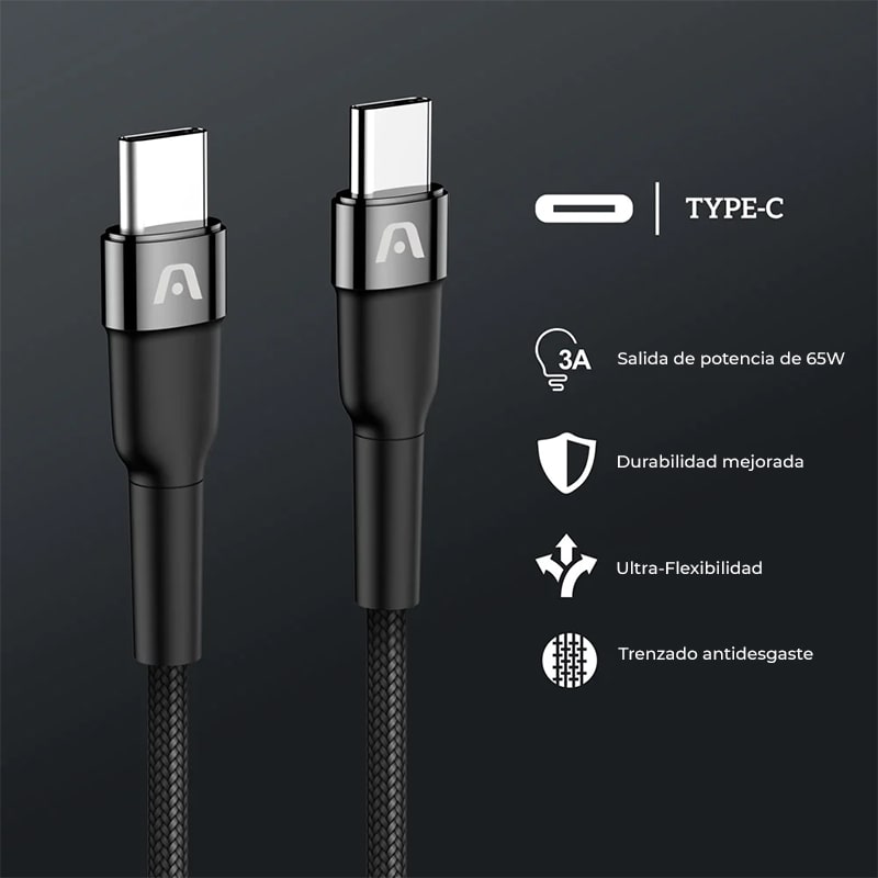 Cable USB-C a USB-C Argom ARG-CB-0048BK Carga Rápida 3 Metros Trensado Negro