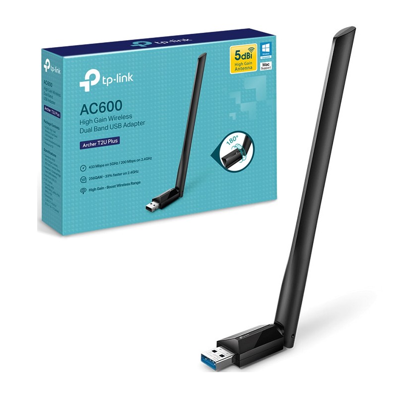 Adaptador de Red USB a Wi-Fi TP-Link Archer T2U Plus AC600 Doble Banda 200-433Mbps