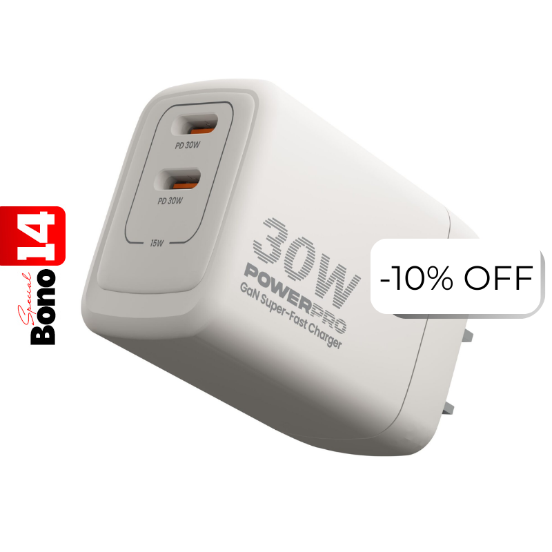 Cargador de Pared UnnoTekno PowerPro Dual USB-C 30W​​ Blanco